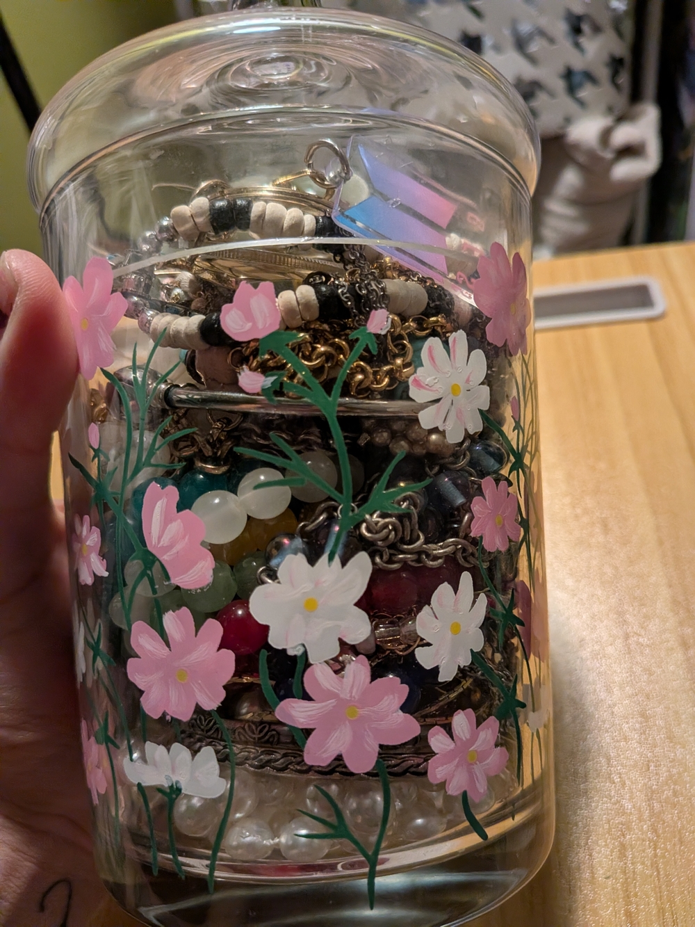 Floral Glass Jar with Pink & White Flower Design